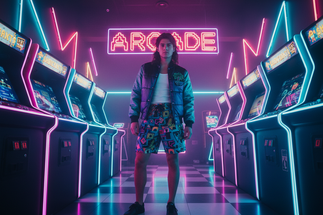 Retro arcade scene with neon lights and vintage fashion — synthwave style inspiration from Caster Coast