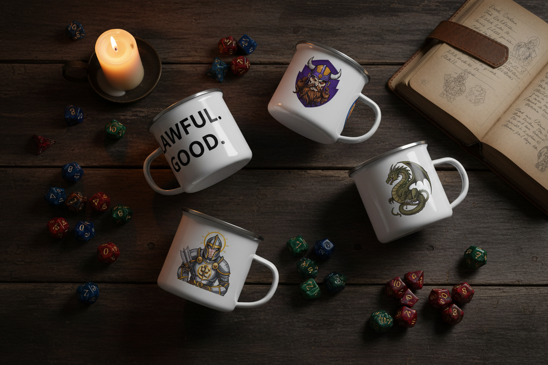 Geeky DnD enamel camp mugs for every character class arranged on a game night table with dice and candlelight — Caster Coast