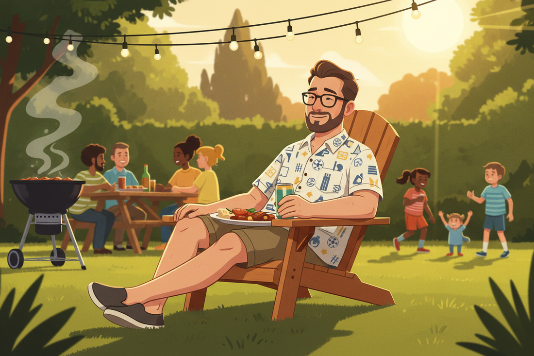 How to wear Star Wars apparel casually - geek dad in subtle Star Wars woven shirt at backyard BBQ