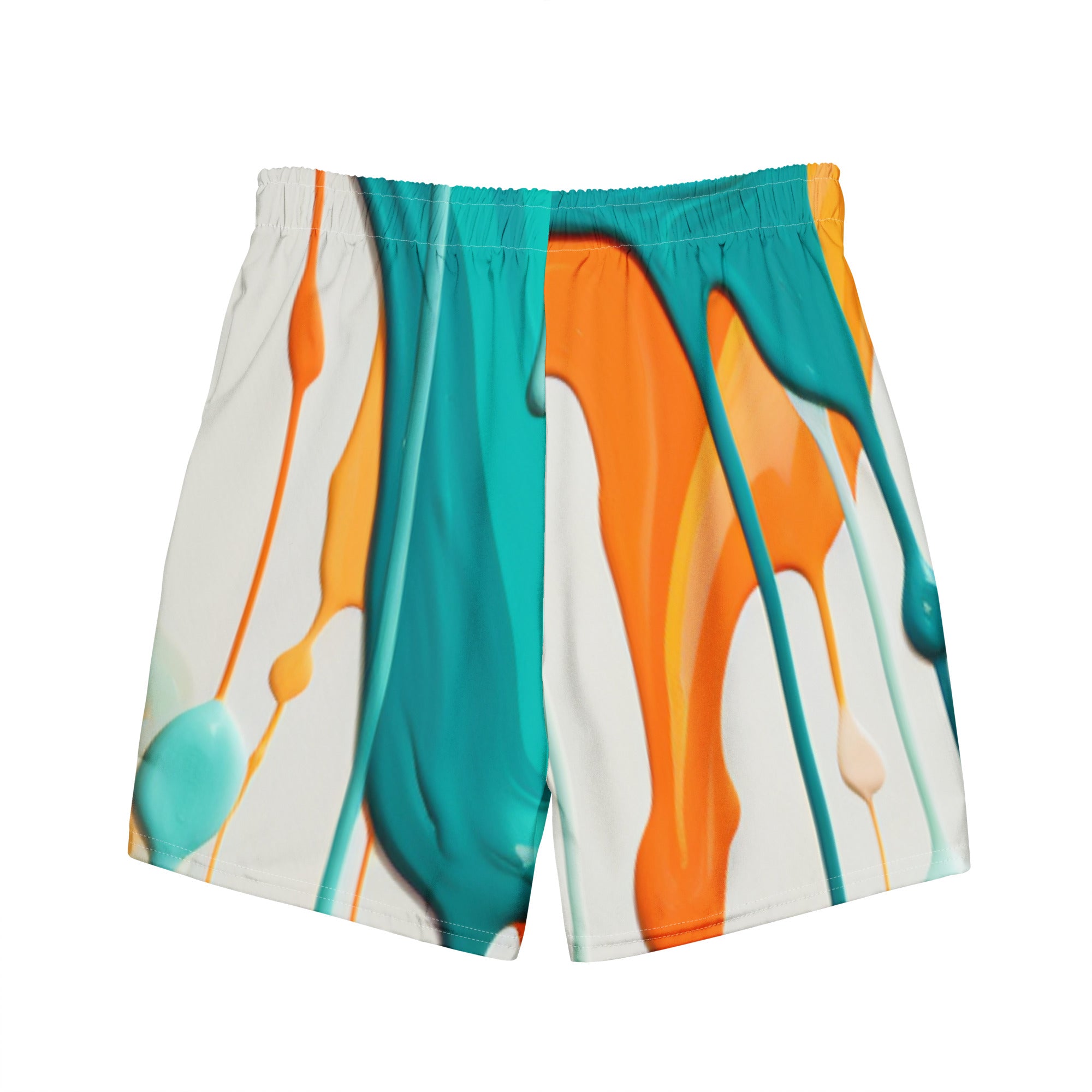 Fins Up! Swim Trunks | Aqua & Orange Paint Splash Fan Boardshorts - Caster Coast
