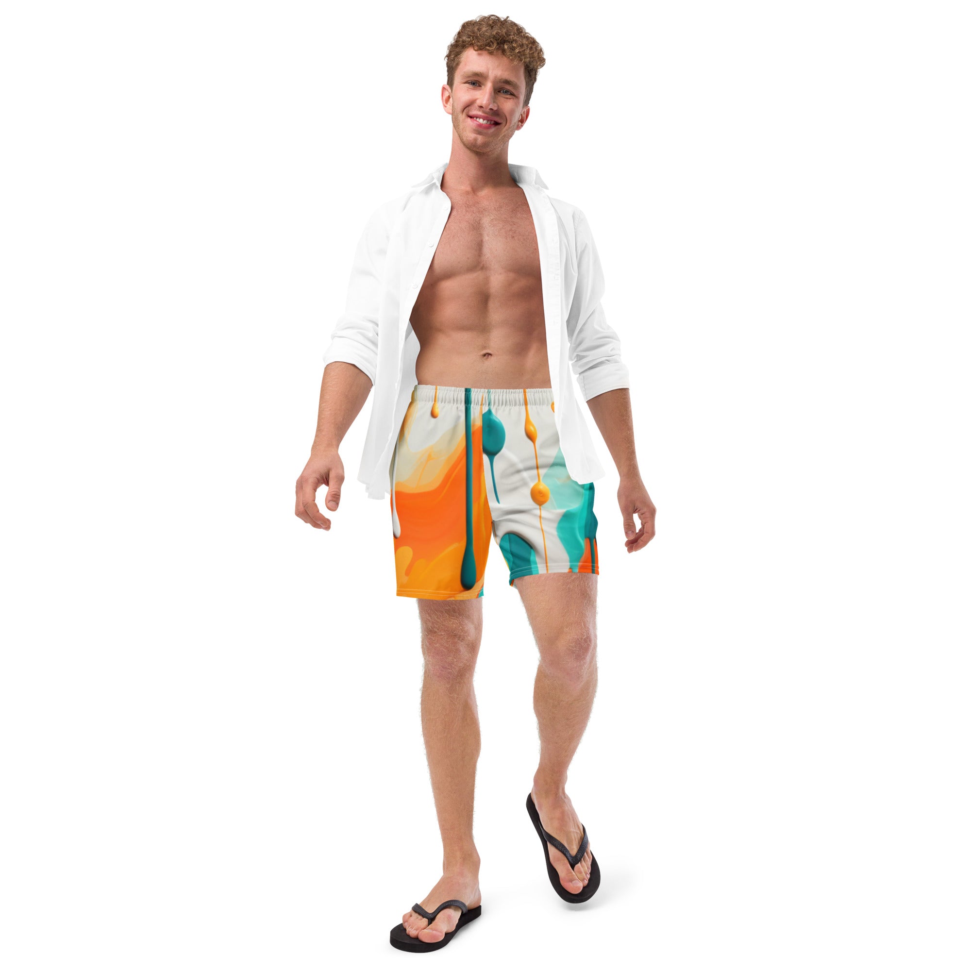 Fins Up! Swim Trunks | Aqua & Orange Paint Splash Fan Boardshorts