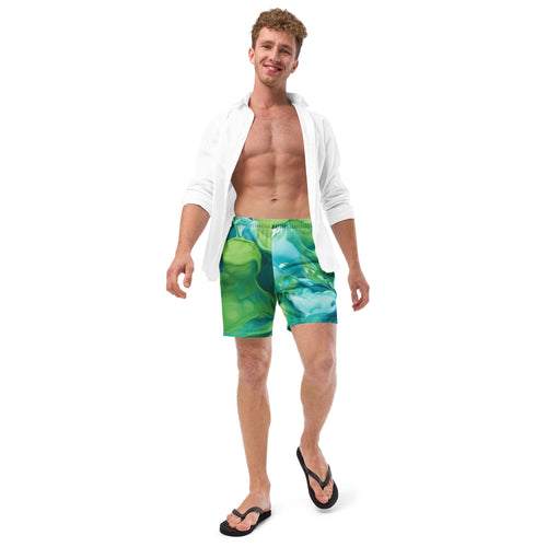 Abstract Blue Green Paint Swim Trunks | Artistic Boardshorts for Men - Caster Coast
