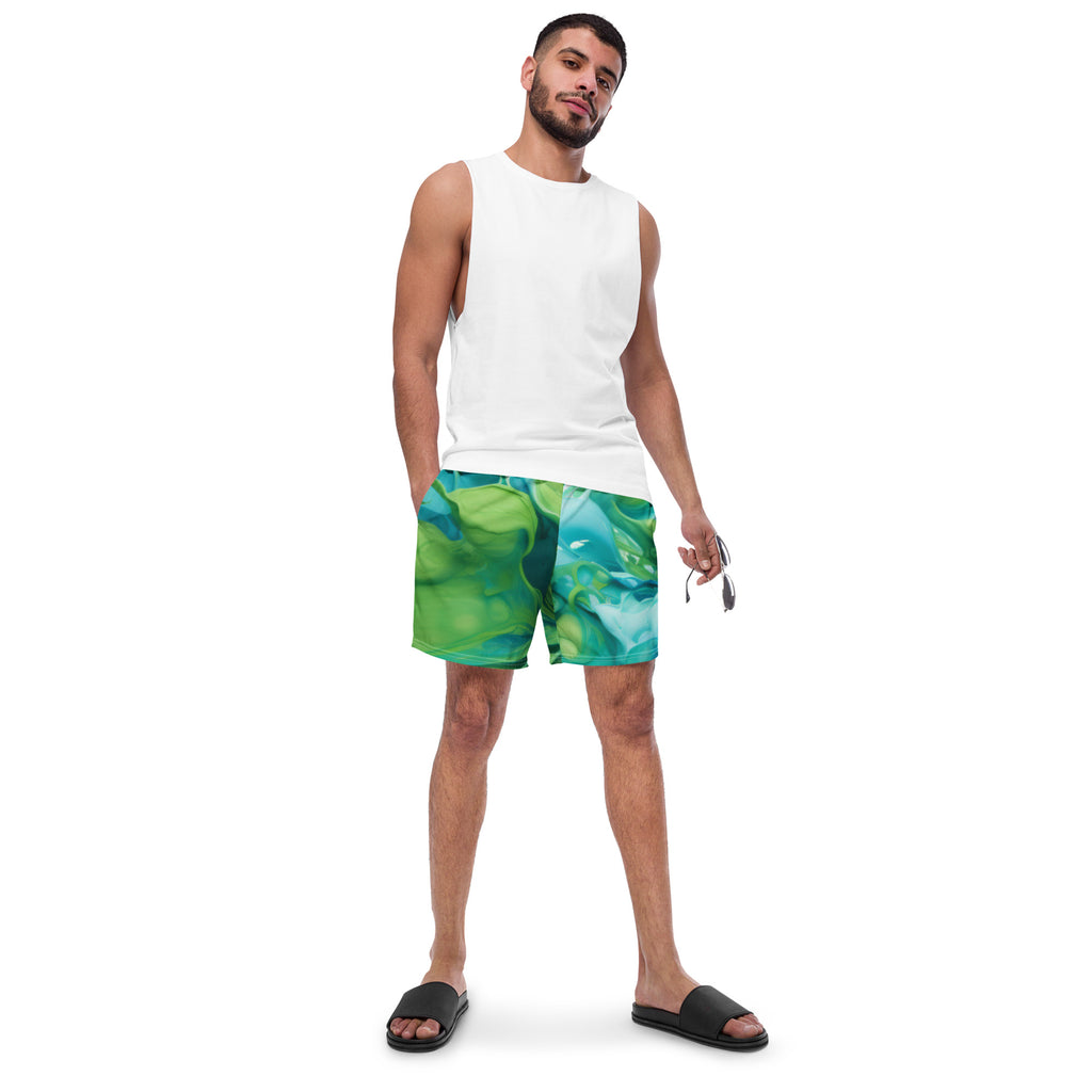 Abstract Blue Green Paint Swim Trunks | Artistic Boardshorts for Men - Caster Coast