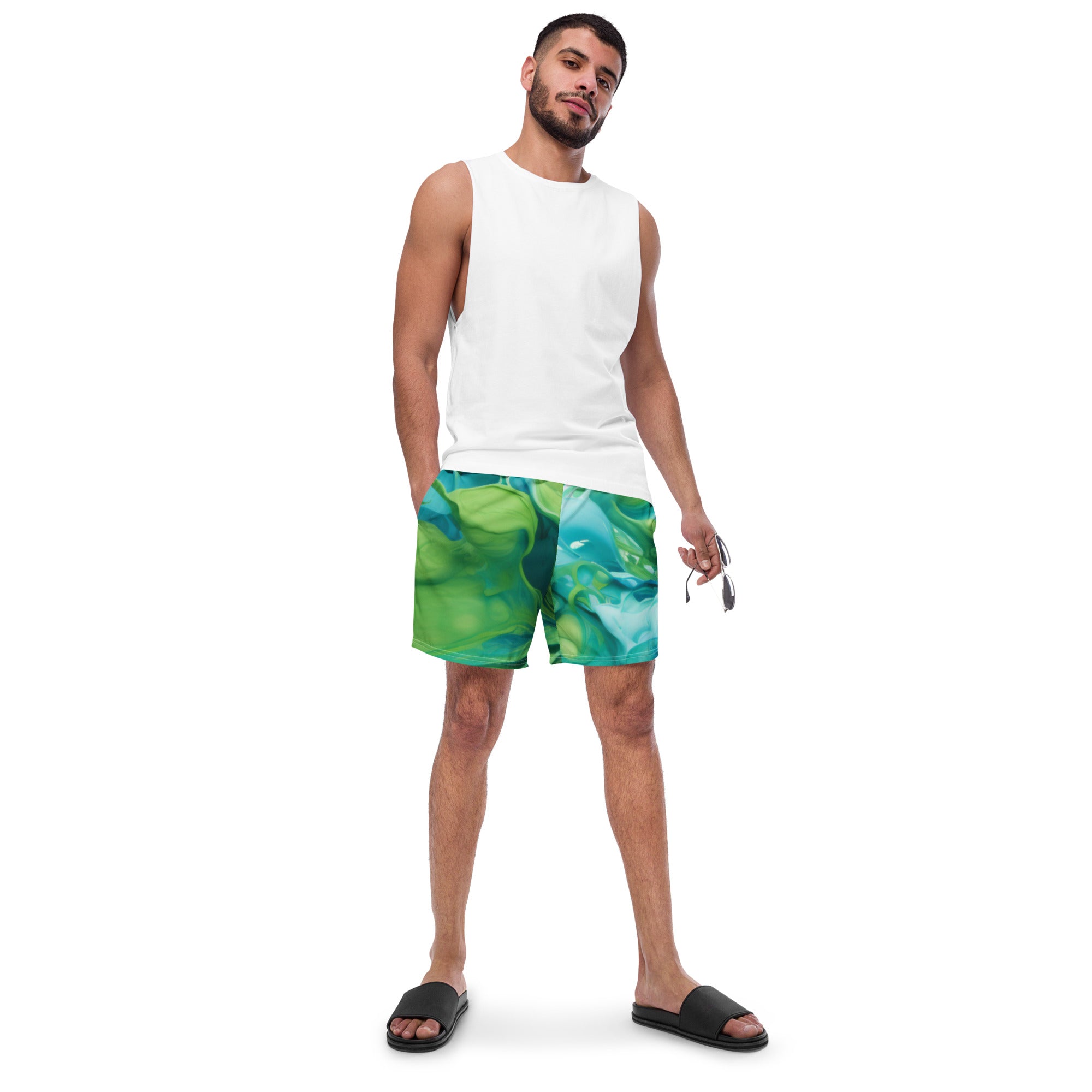 Abstract Blue Green Paint Swim Trunks | Artistic Boardshorts for Men - Caster Coast