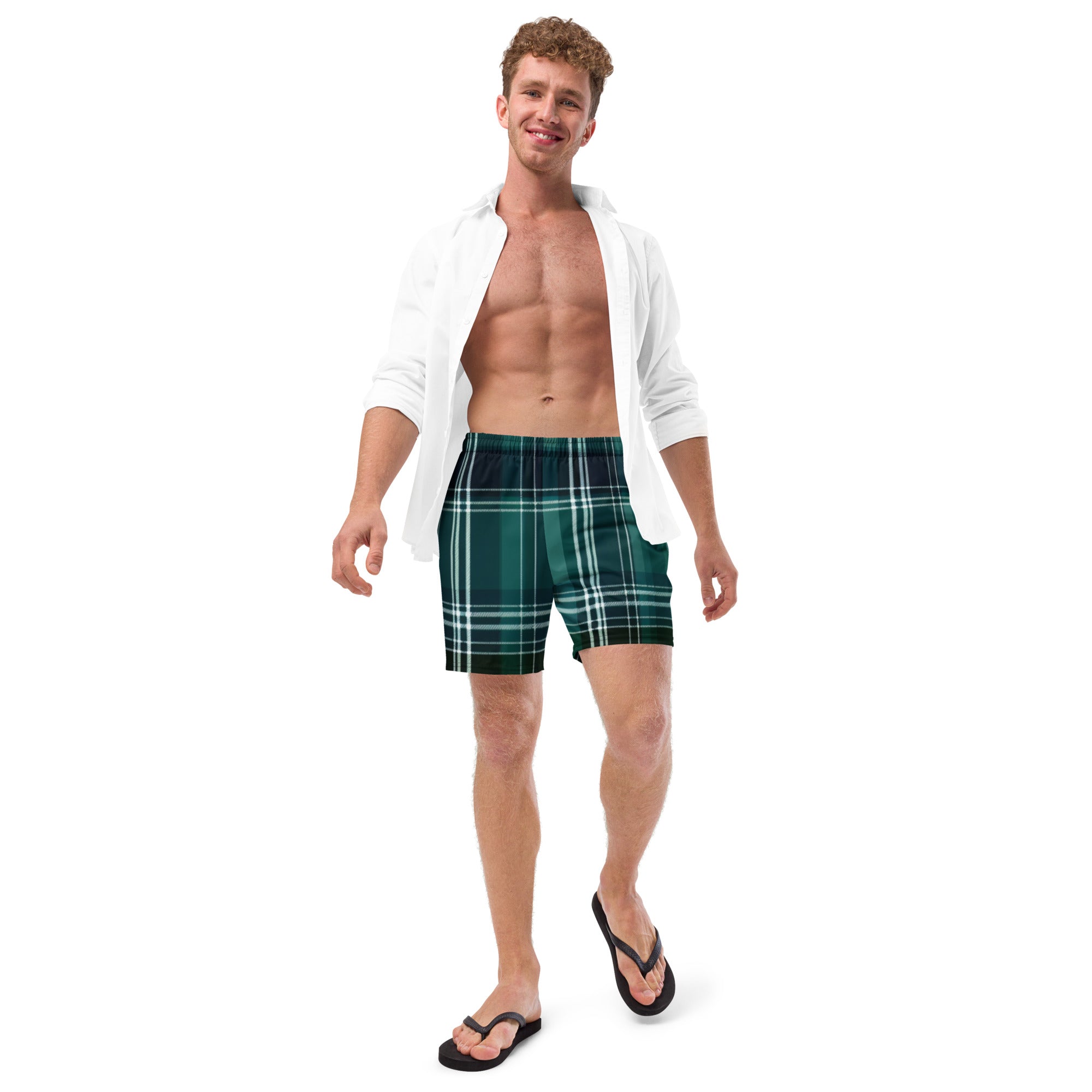 Forest Tartan Swim Trunks | Plaid Pattern Boardshorts for Men - Caster Coast