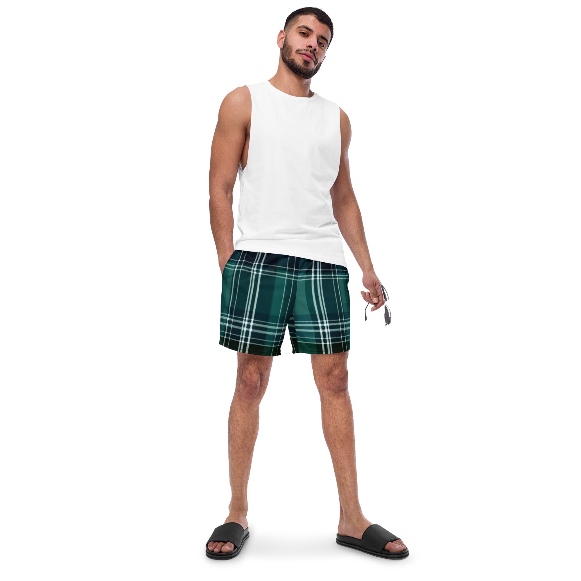 Forest Tartan Swim Trunks | Plaid Pattern Boardshorts for Men - Caster Coast