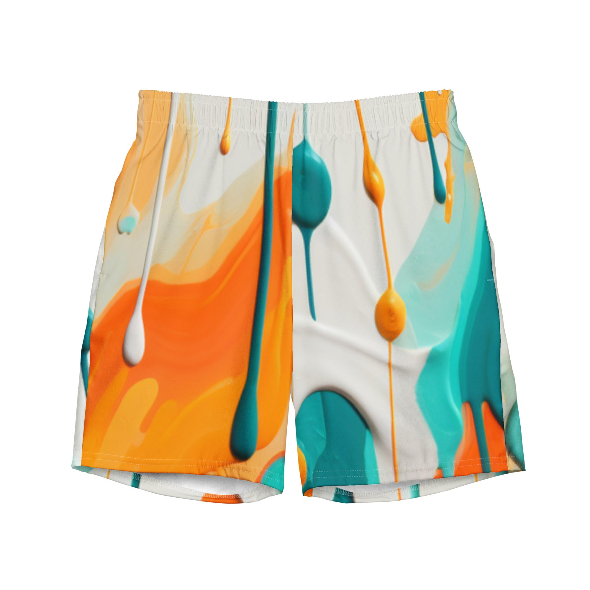 Fins Up! Swim Trunks | Aqua & Orange Paint Splash Fan Boardshorts
