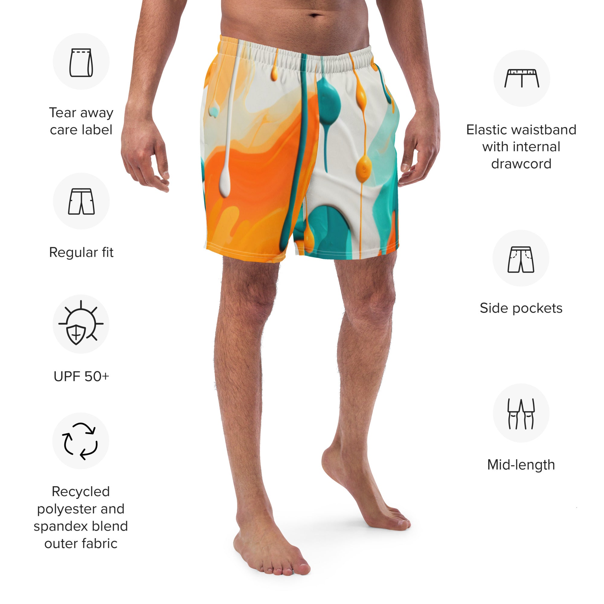 Fins Up! Swim Trunks | Aqua & Orange Paint Splash Fan Boardshorts
