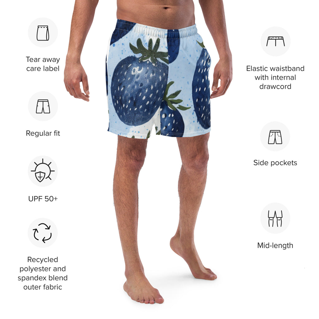 Blue Strawberries Swim Trunks | Quirky Fun Boardshorts for Men - Caster Coast
