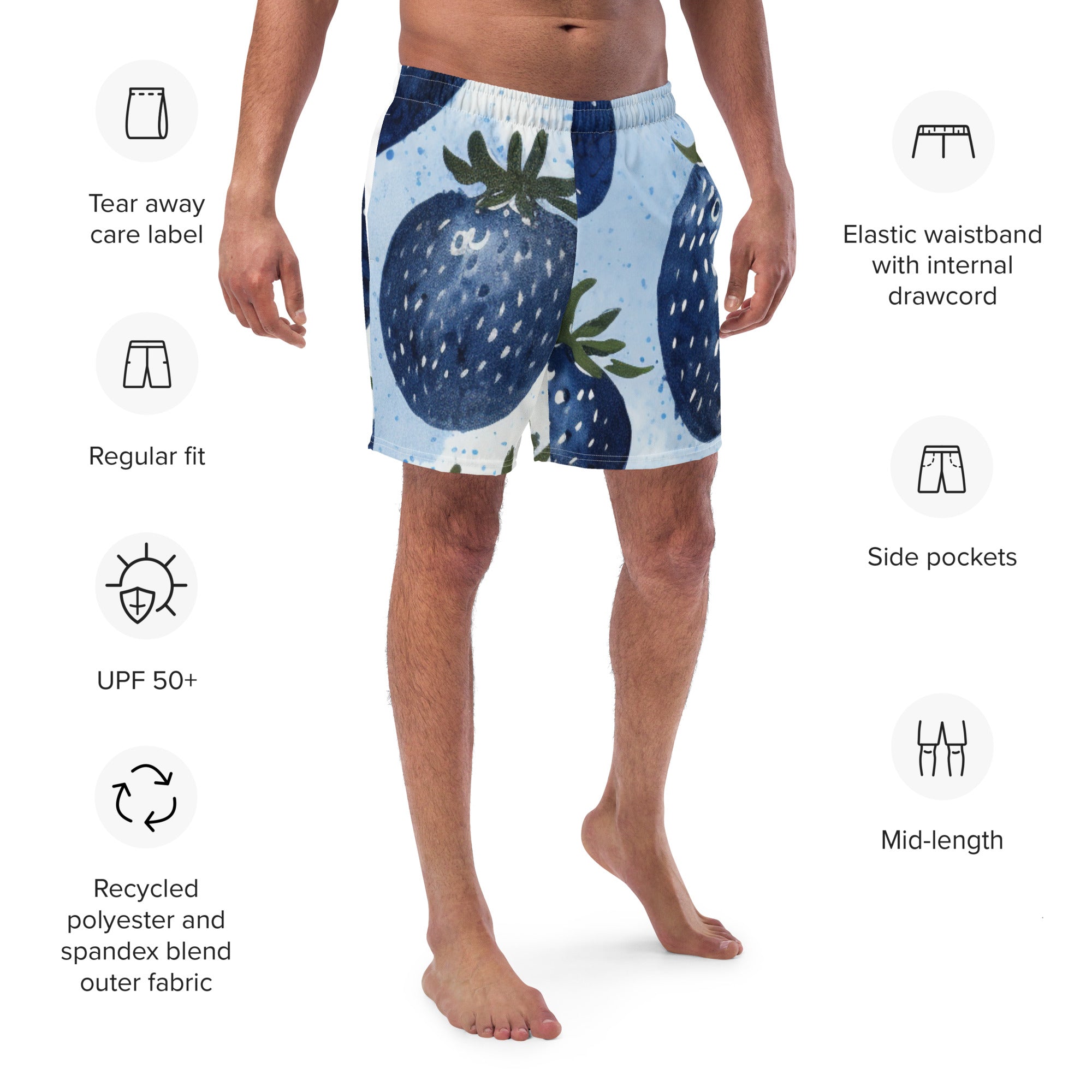 Blue Strawberries Swim Trunks | Quirky Fun Boardshorts for Men - Caster Coast