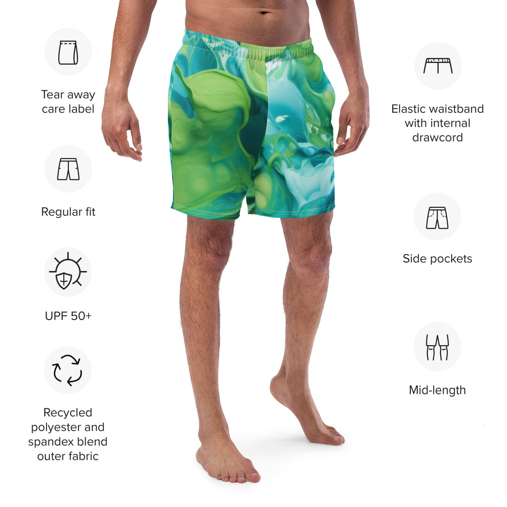 Abstract Blue Green Paint Swim Trunks | Artistic Boardshorts for Men - Caster Coast