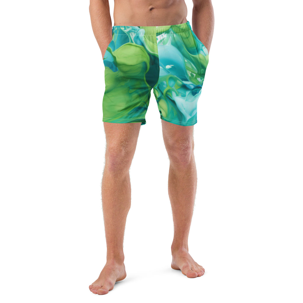 Abstract Blue Green Paint Swim Trunks | Artistic Boardshorts for Men - Caster Coast