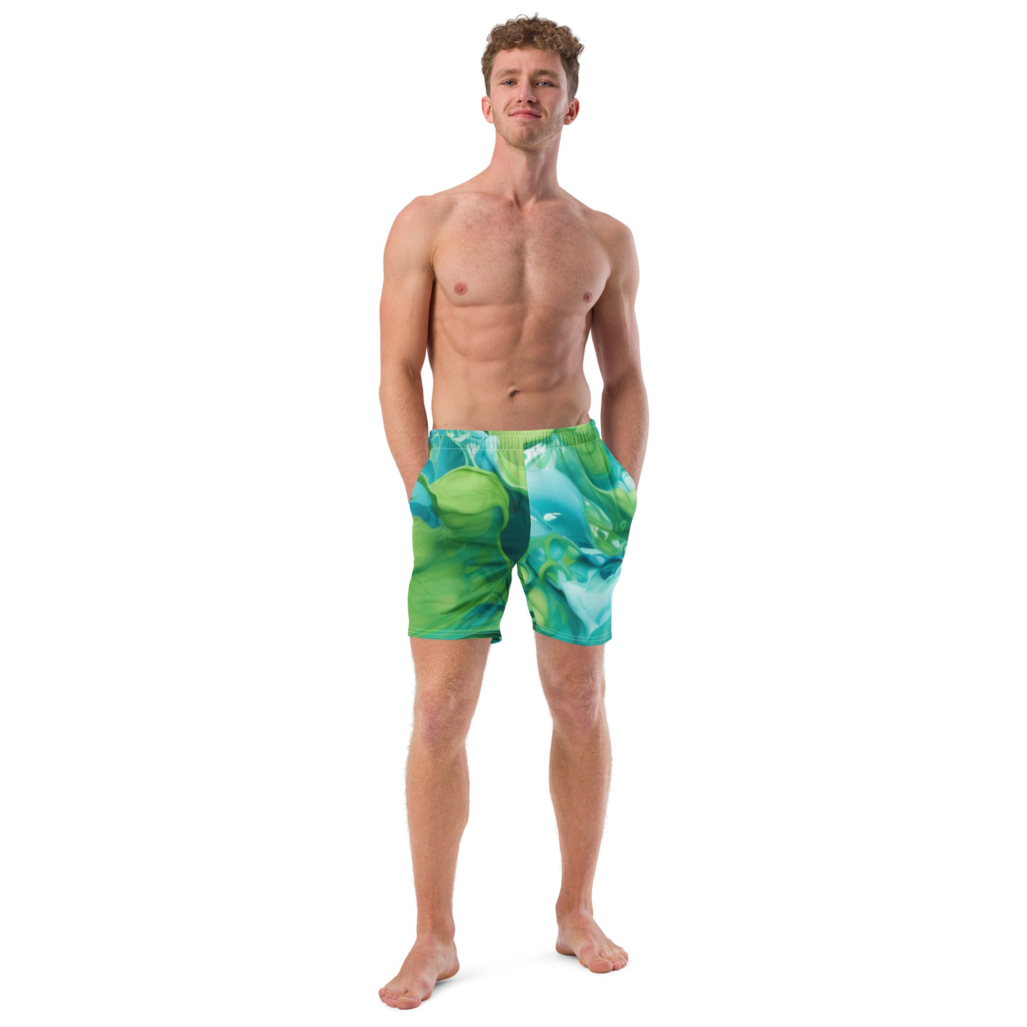 Abstract Blue Green Paint Swim Trunks | Artistic Boardshorts for Men - Caster Coast