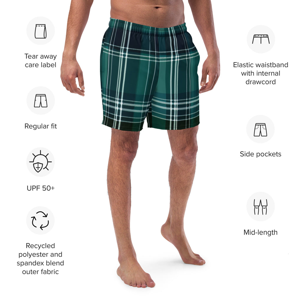 Forest Tartan Swim Trunks | Plaid Pattern Boardshorts for Men - Caster Coast