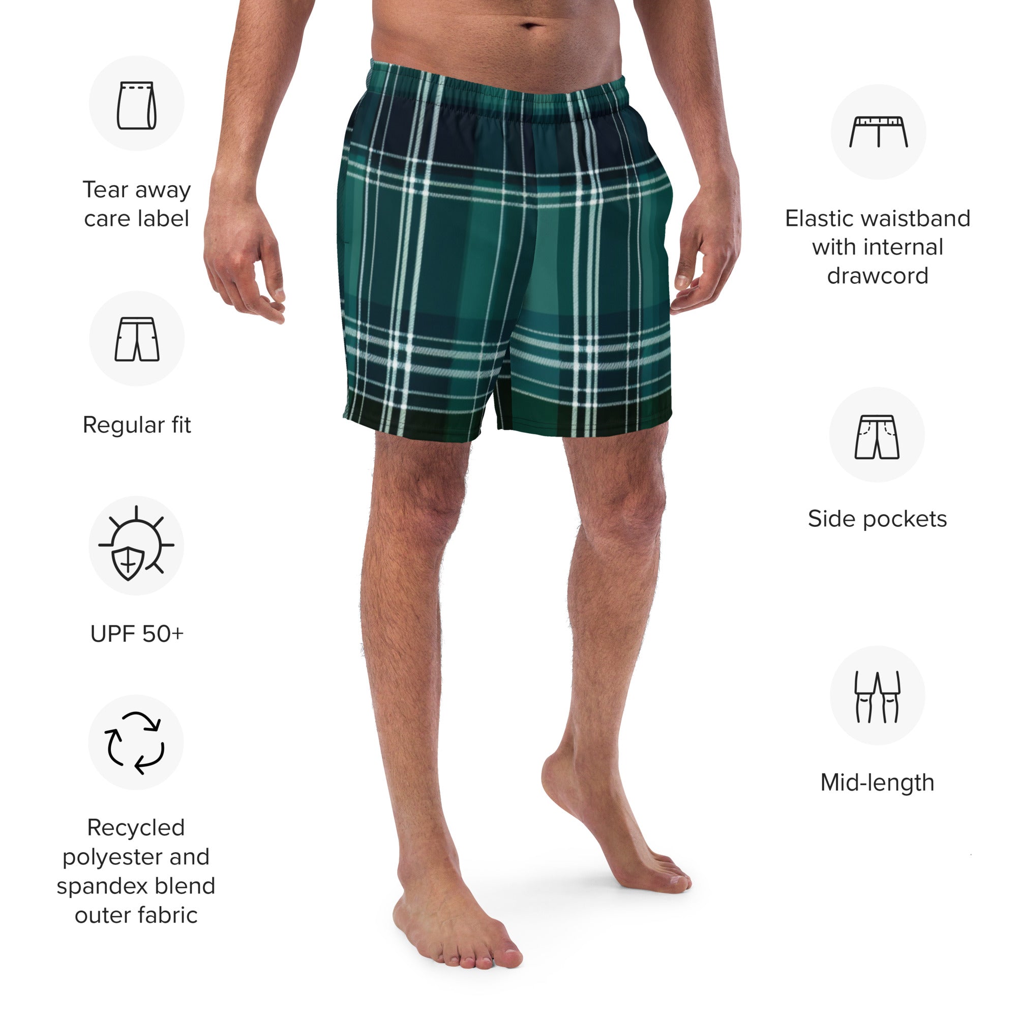 Forest Tartan Swim Trunks | Plaid Pattern Boardshorts for Men - Caster Coast