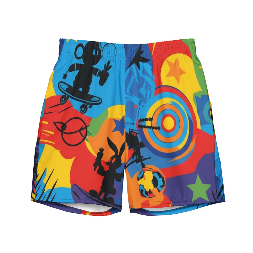 Cartoon Friends Retro Swim Trunks | Men's 80s & 90s Character Boardshorts - Caster Coast