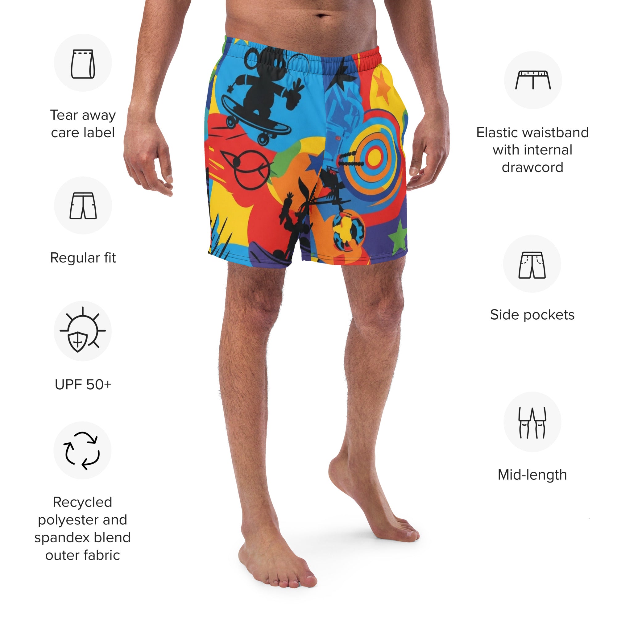 Cartoon Friends Retro Swim Trunks | Men's 80s & 90s Character Boardshorts - Caster Coast