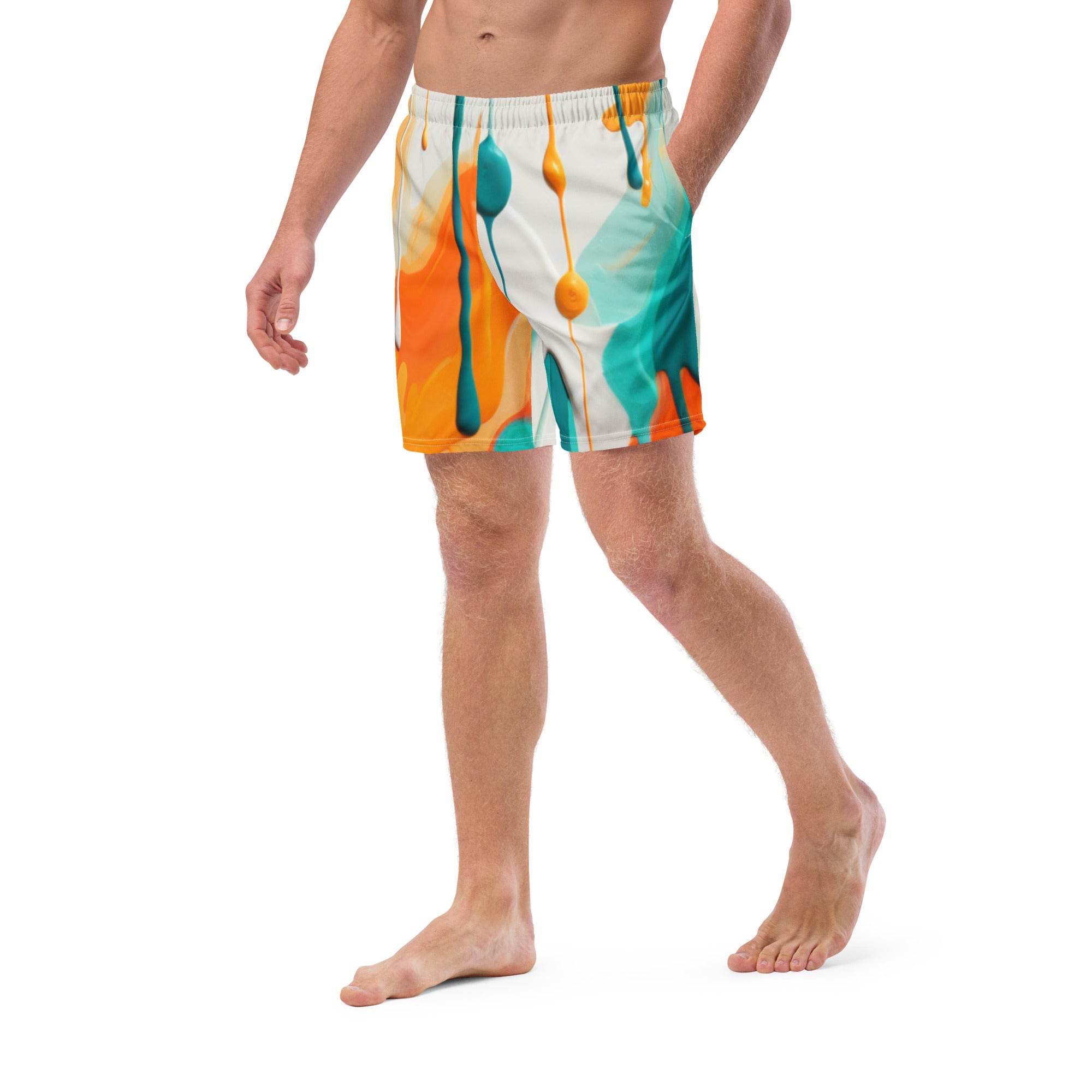 Fins Up! Swim Trunks | Aqua & Orange Paint Splash Fan Boardshorts