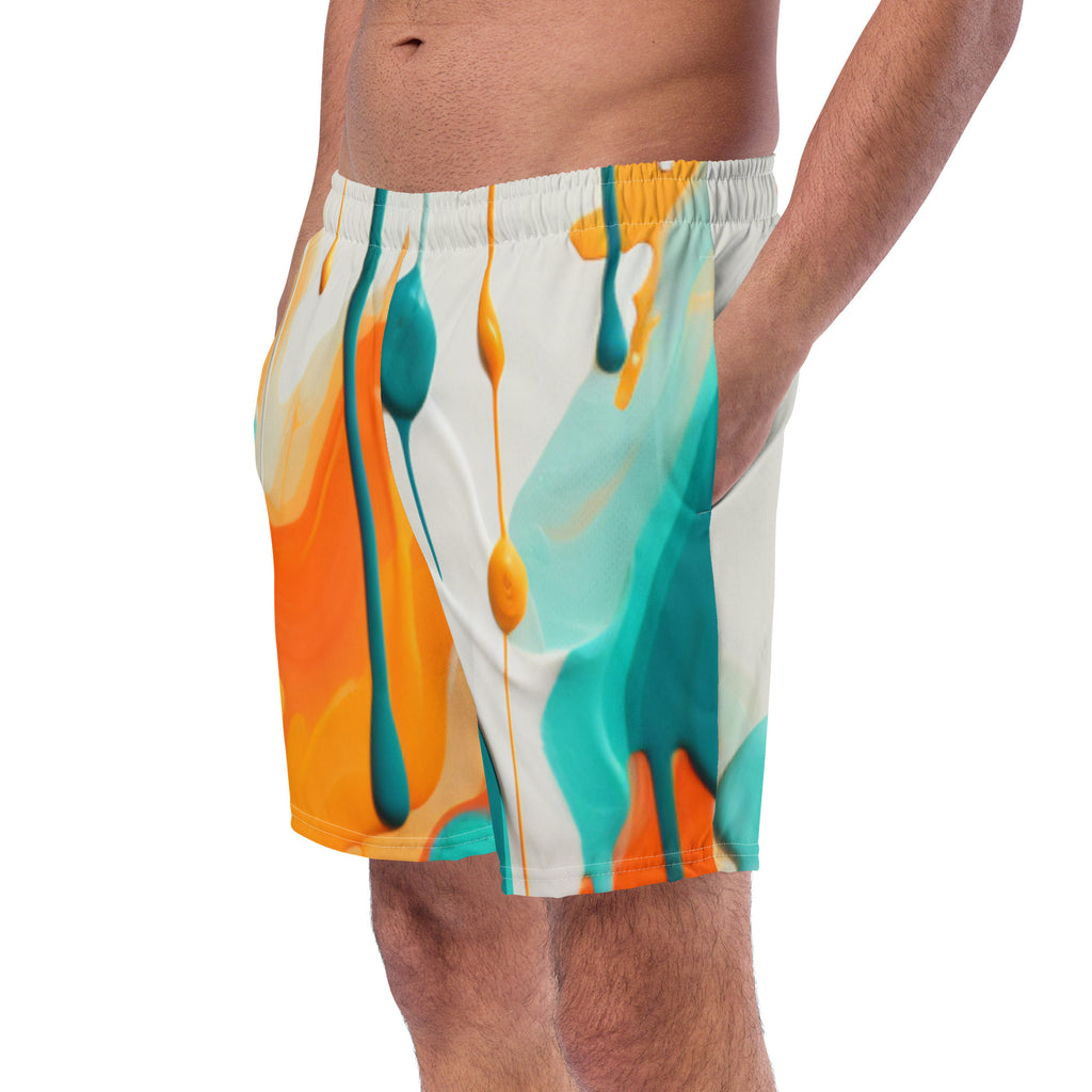 Fins Up! Swim Trunks | Aqua & Orange Paint Splash Fan Boardshorts - Caster Coast