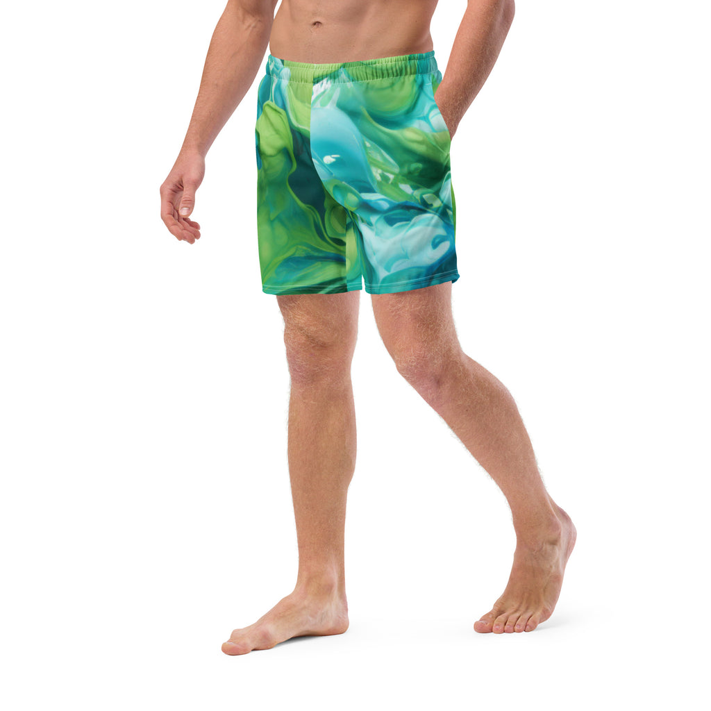 Abstract Blue Green Paint Swim Trunks | Artistic Boardshorts for Men - Caster Coast