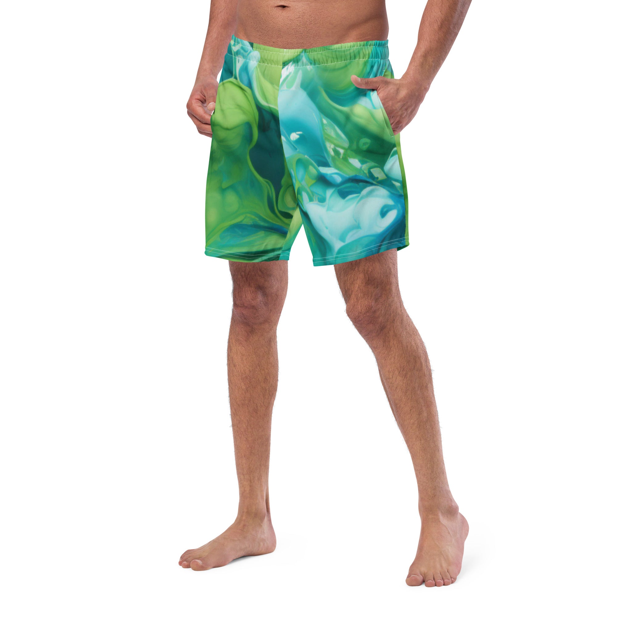 Abstract Blue Green Paint Swim Trunks | Artistic Boardshorts for Men - Caster Coast