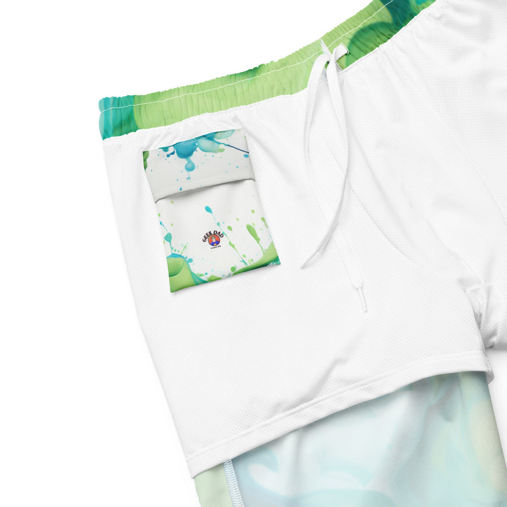 Abstract Blue Green Paint Swim Trunks | Artistic Boardshorts for Men - Caster Coast