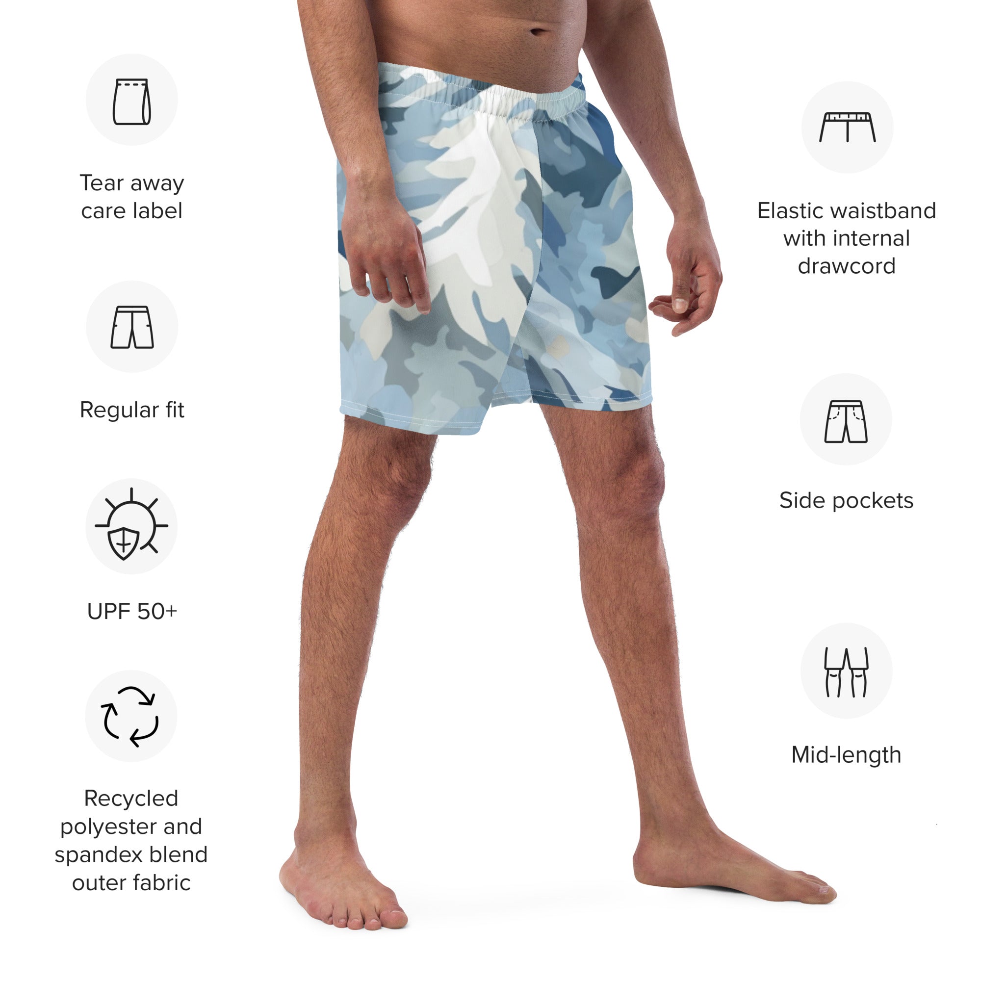 Winter Camo Swim Trunks | Arctic Camouflage Boardshorts for Men - Caster Coast