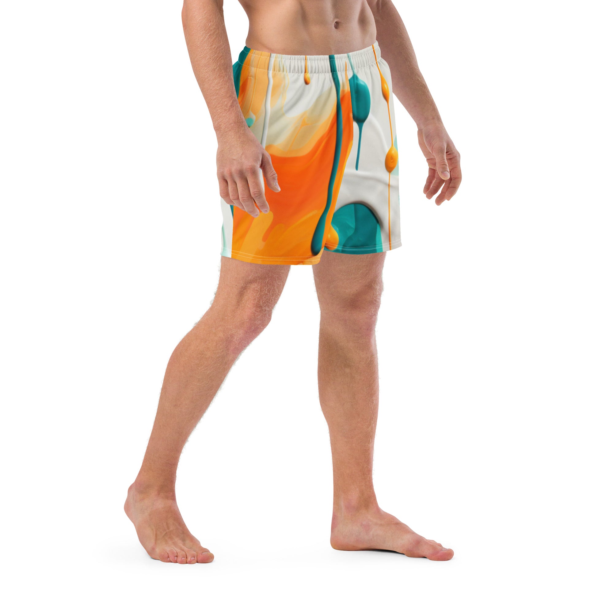 Fins Up! Swim Trunks | Aqua & Orange Paint Splash Fan Boardshorts