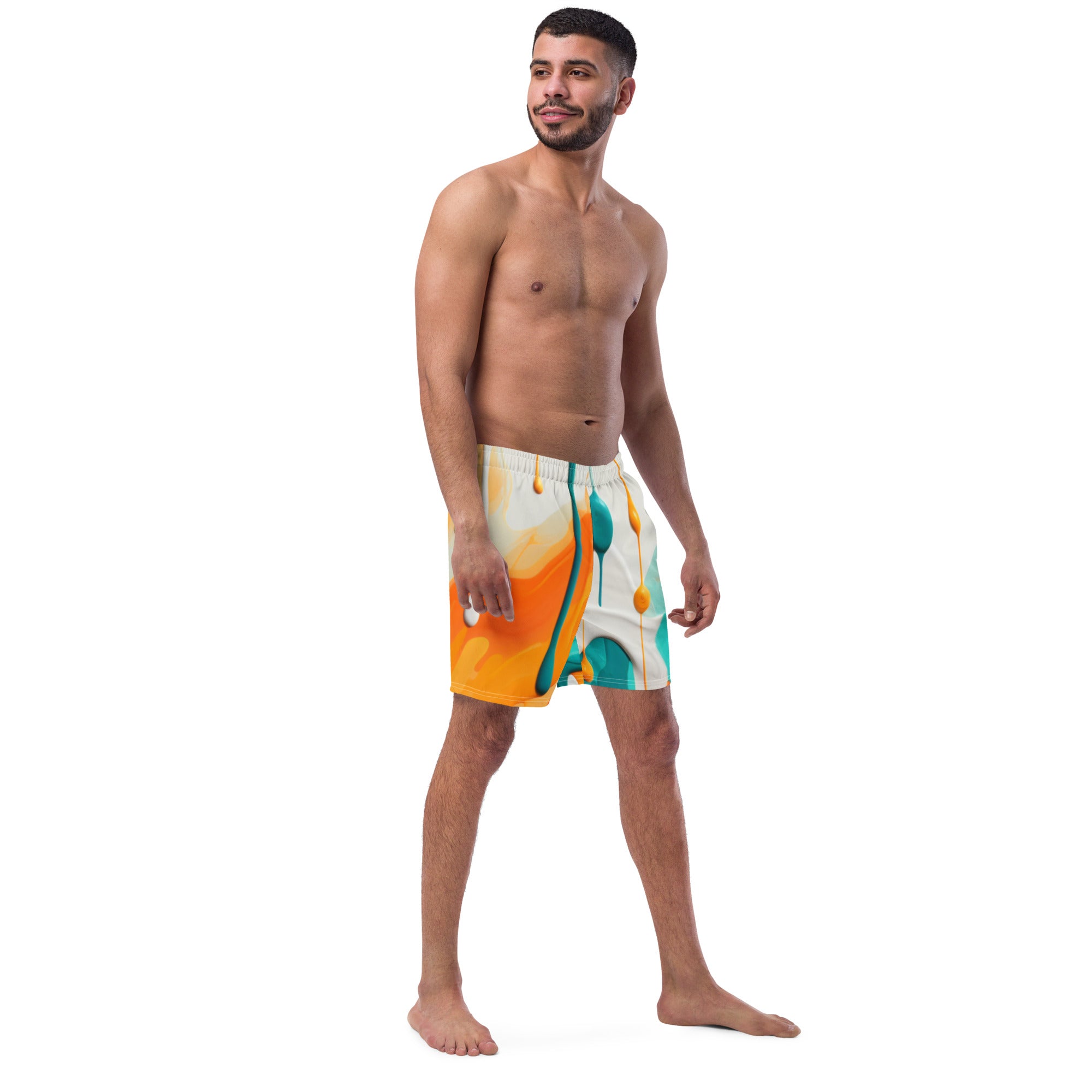 Fins Up! Swim Trunks | Aqua & Orange Paint Splash Fan Boardshorts - Caster Coast