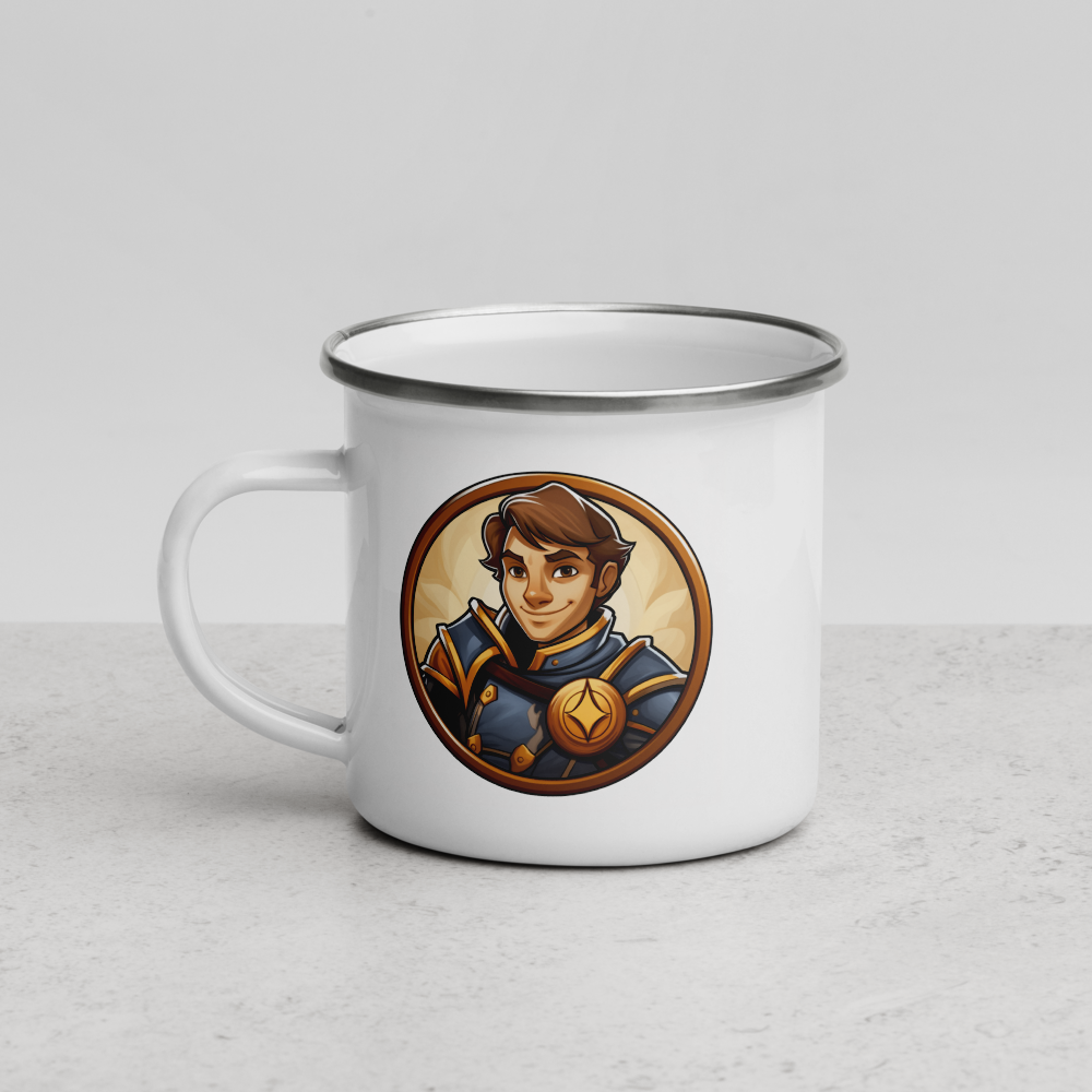 Young Paladin geeky mug – right side view, white enamel camp cup with D&D paladin design
