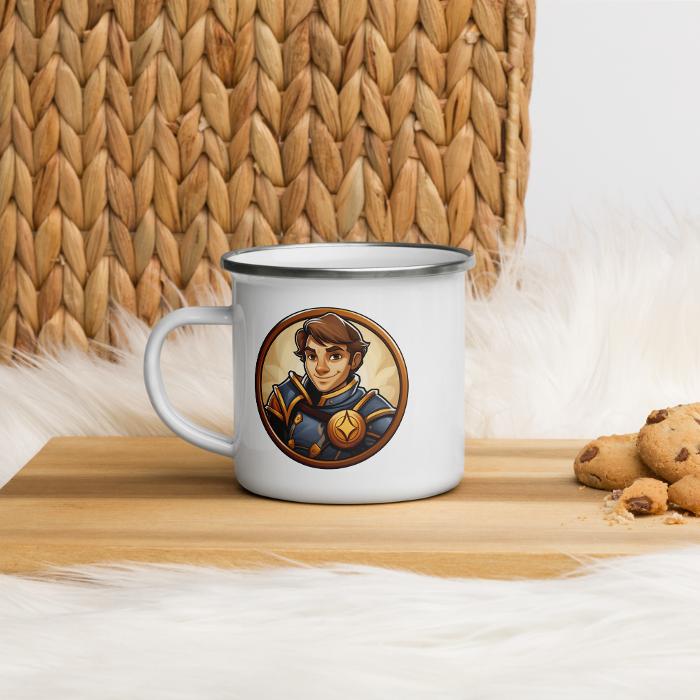 Young Paladin geeky mug – side view, white enamel camp cup with D&D paladin design
