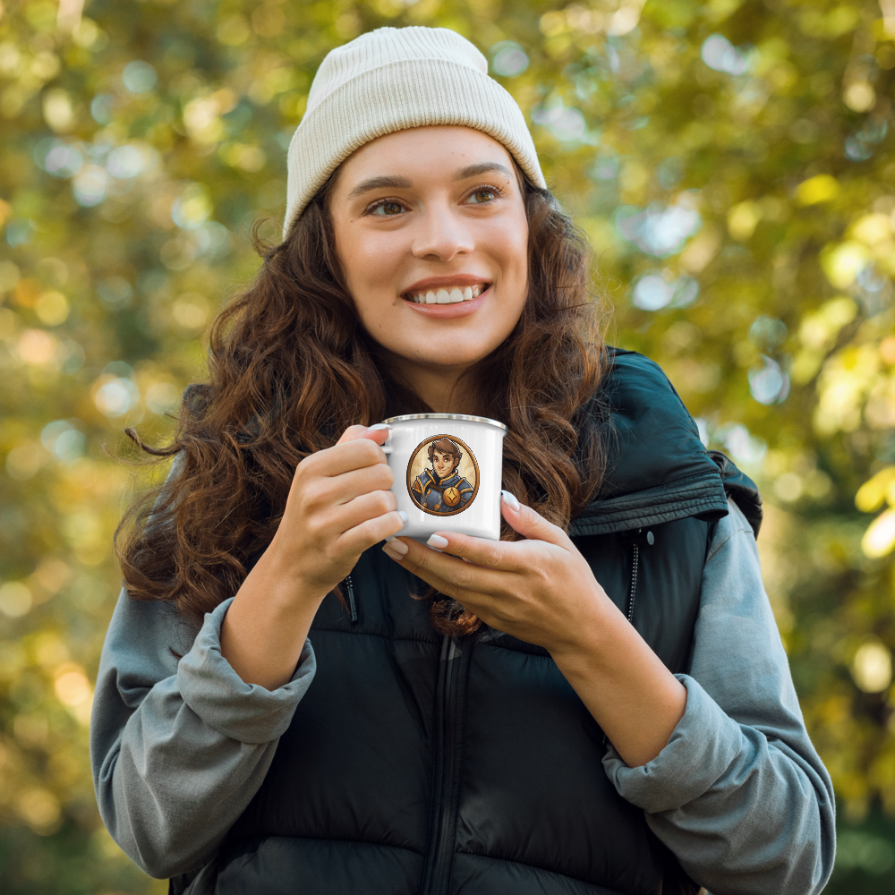Young Paladin geeky mug – woman holding white enamel camp cup with D&D paladin design
