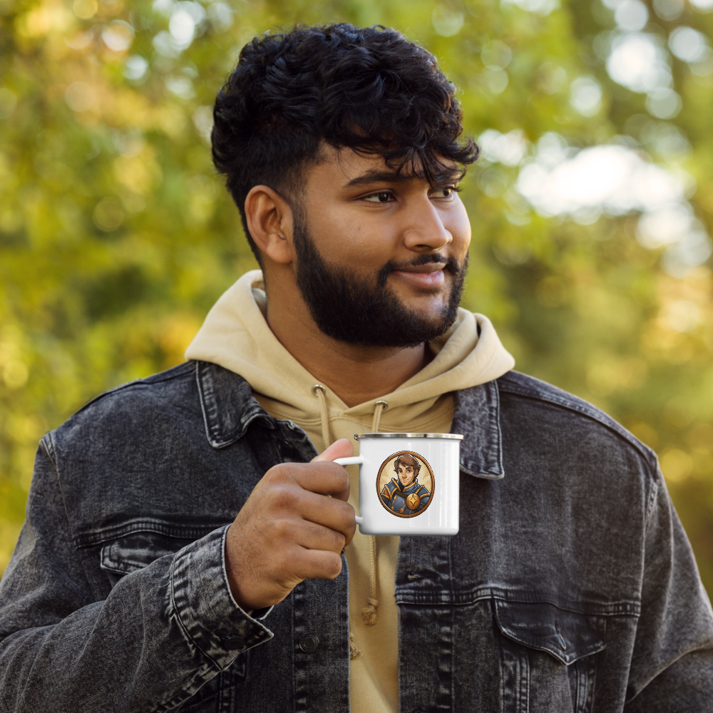 Young Paladin geeky mug – man holding white enamel camp cup with D&D paladin design
