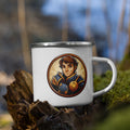 Young Paladin geeky mug – right side view, white enamel camp cup with D&D paladin design