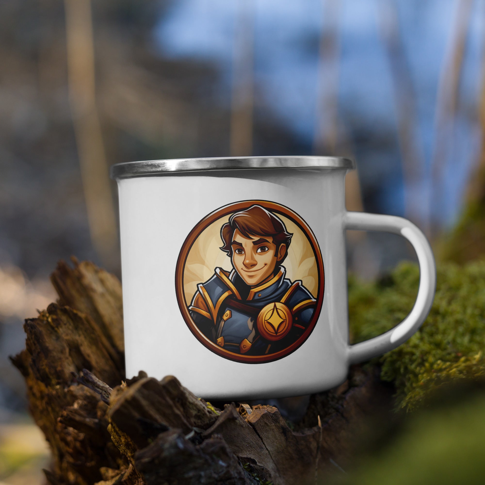 Young Paladin geeky mug – right side view, white enamel camp cup with D&D paladin design