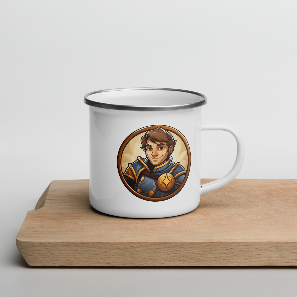 Young Paladin geeky mug – right side view, white enamel camp cup with D&D paladin design
