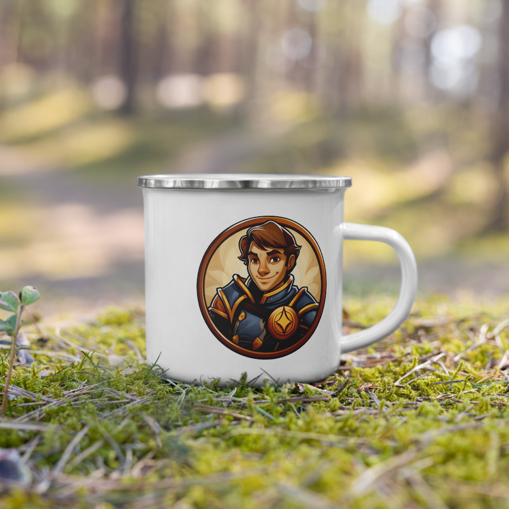 Young Paladin geeky mug – white enamel camp cup with D&D paladin design in forest setting
