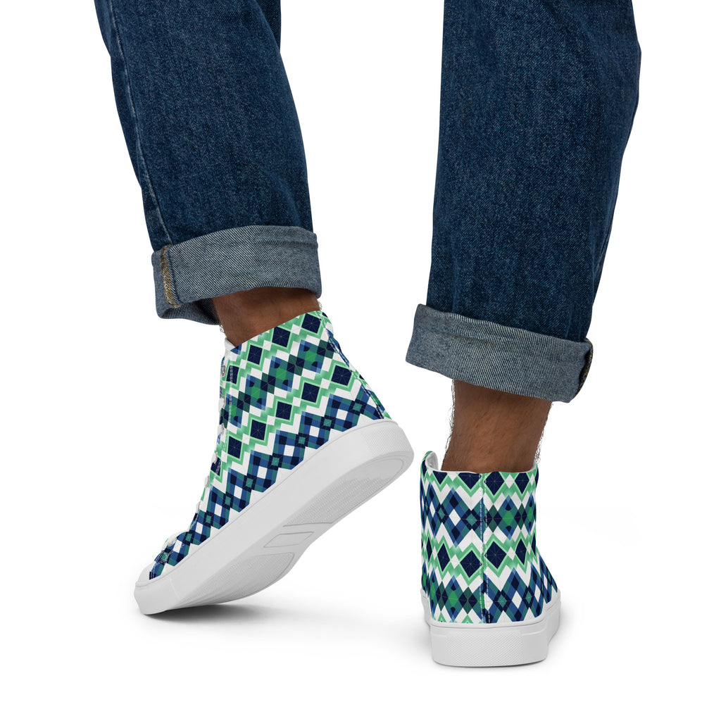 Blue Green Argyle men’s high top canvas shoes - Caster Coast