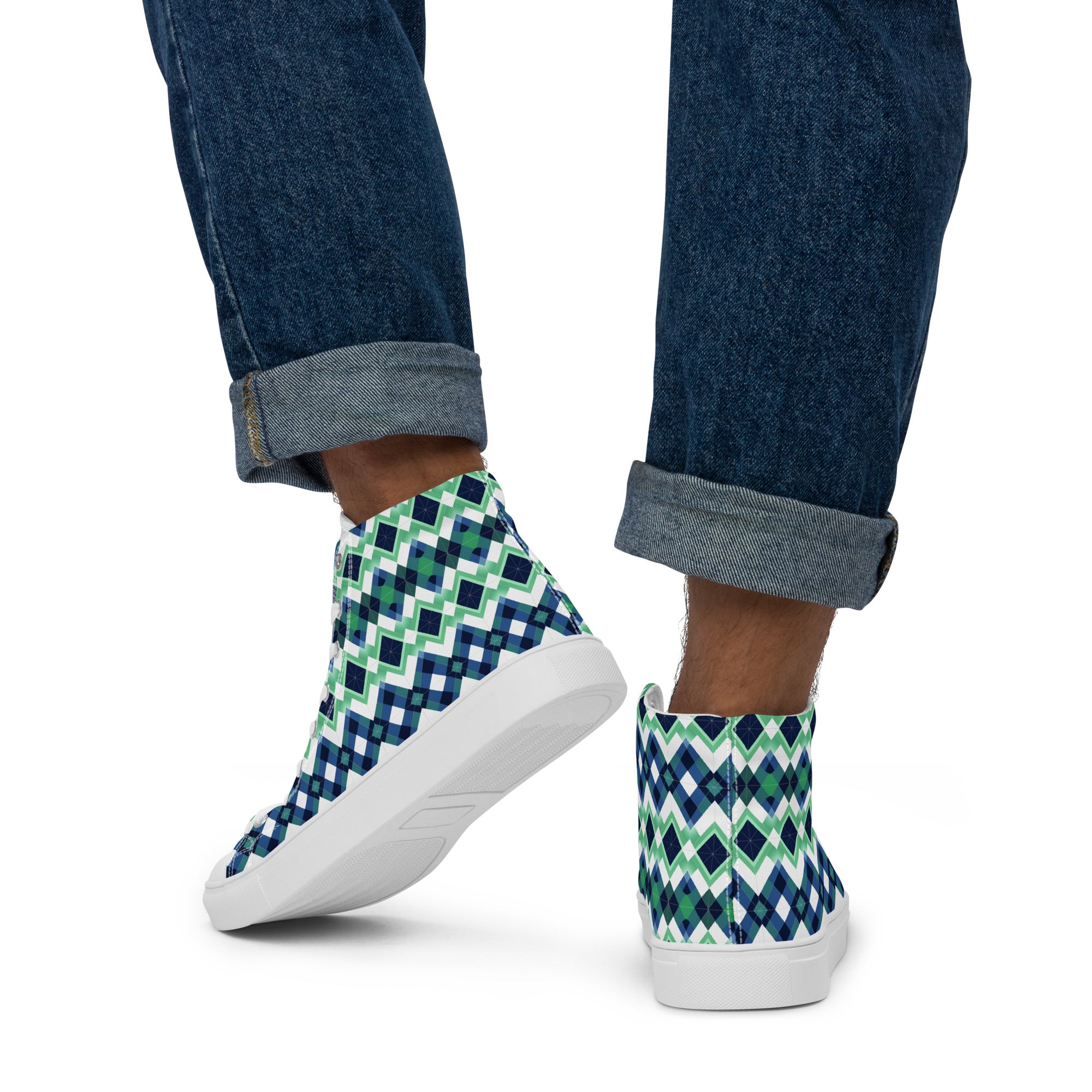 Blue Green Argyle men’s high top canvas shoes - Caster Coast