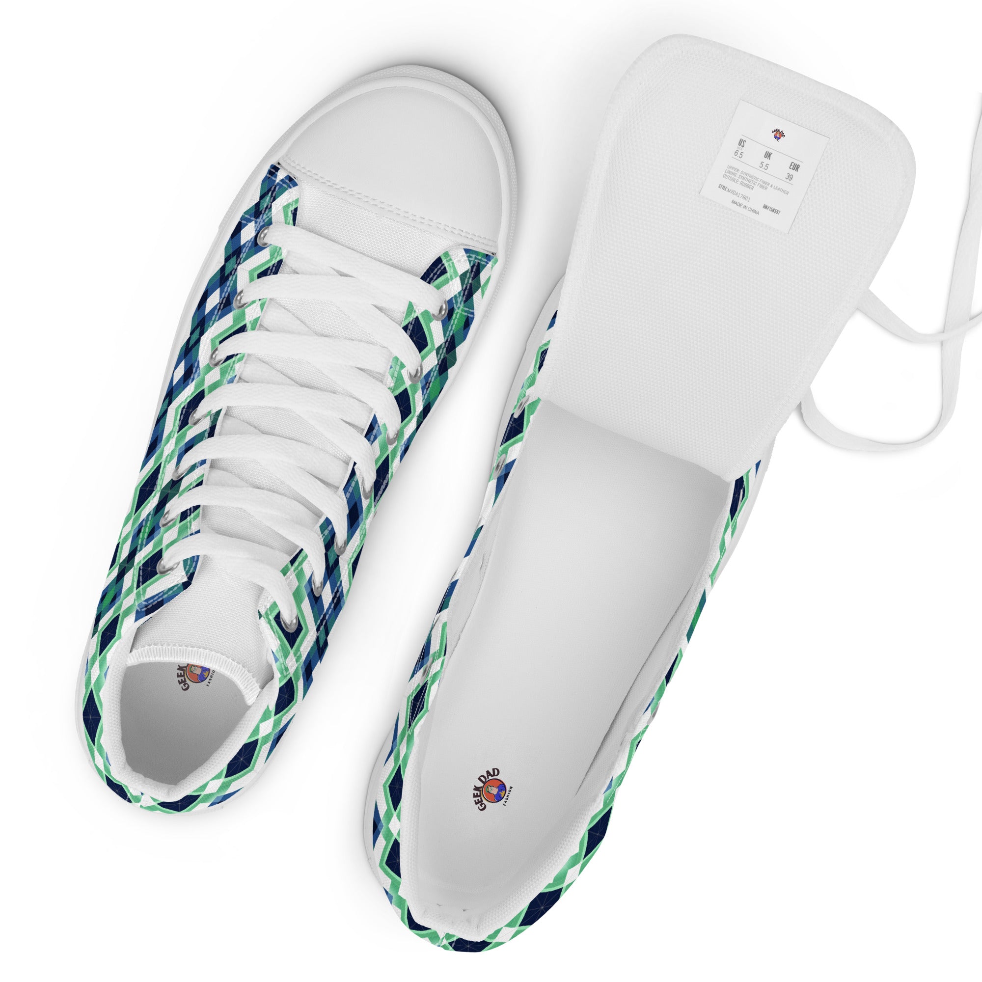 Blue Green Argyle men’s high top canvas shoes - Caster Coast