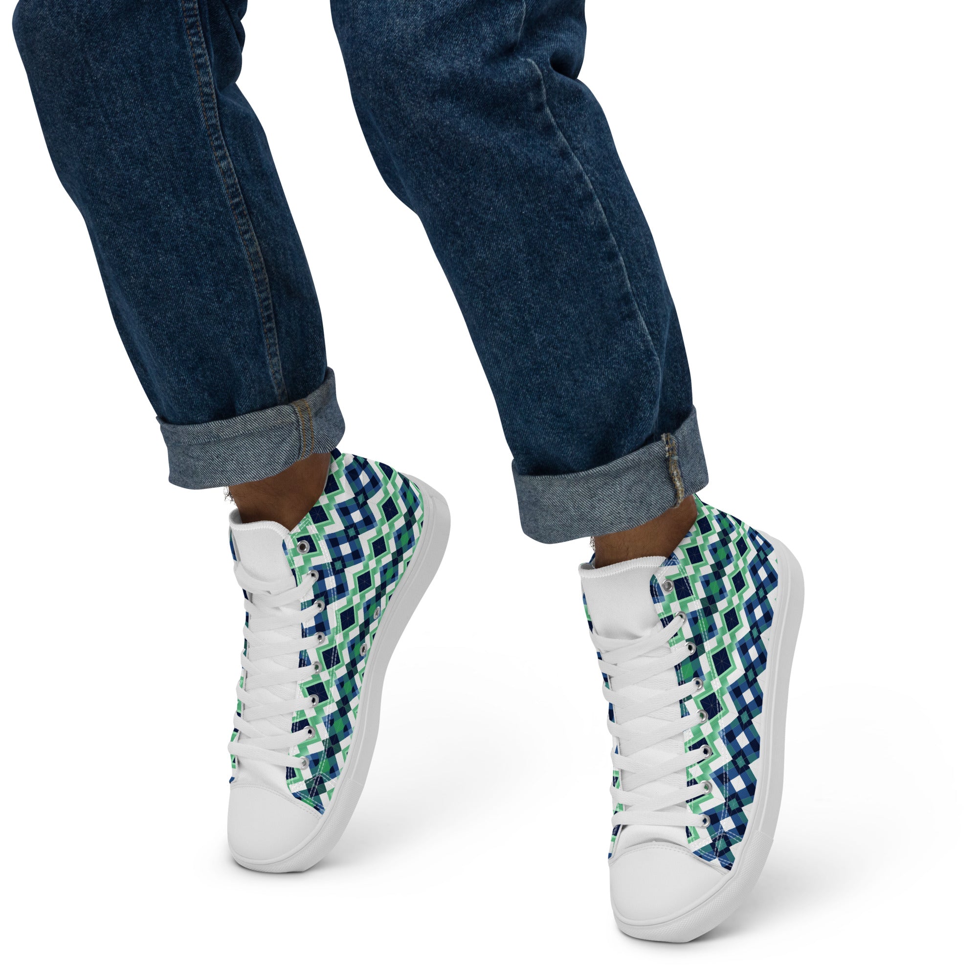 Blue Green Argyle men’s high top canvas shoes - Caster Coast