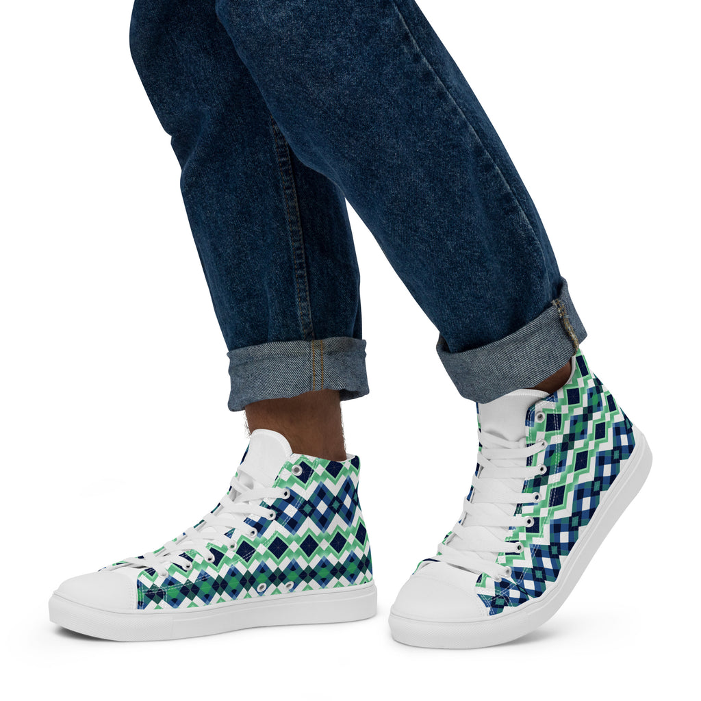 Blue Green Argyle men’s high top canvas shoes - Caster Coast