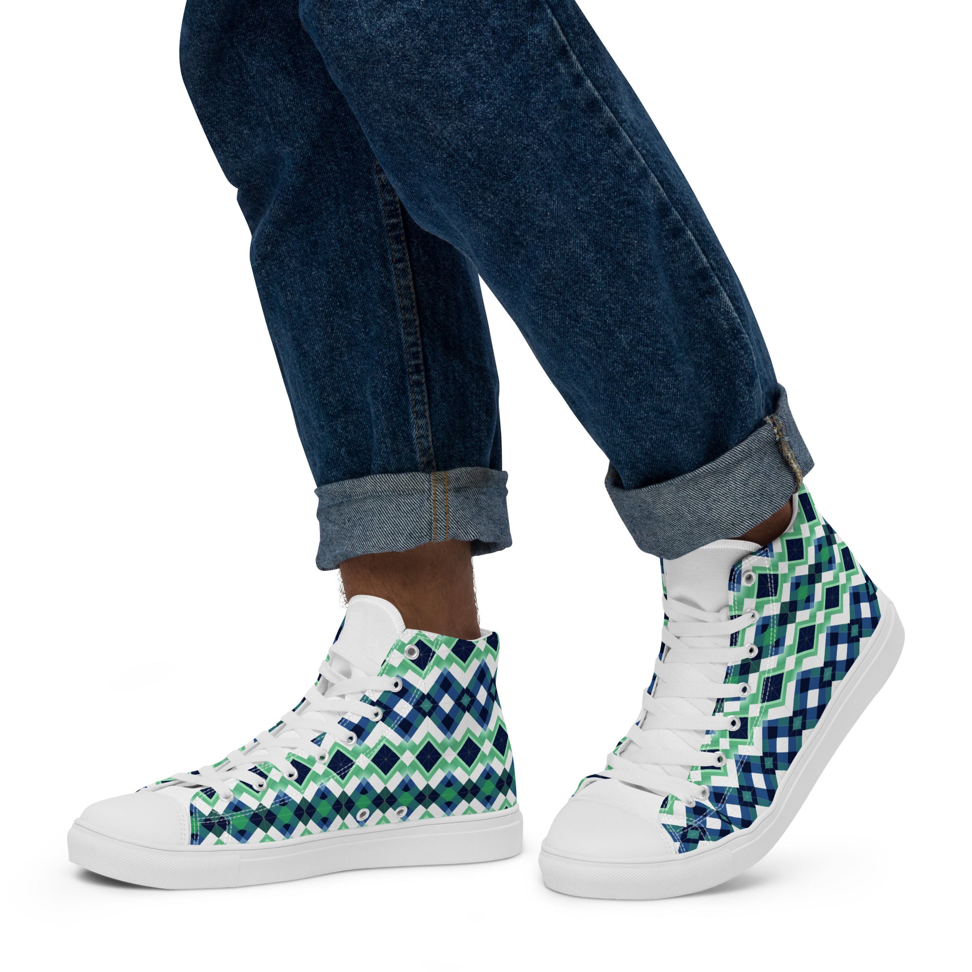 Blue Green Argyle men’s high top canvas shoes - Caster Coast