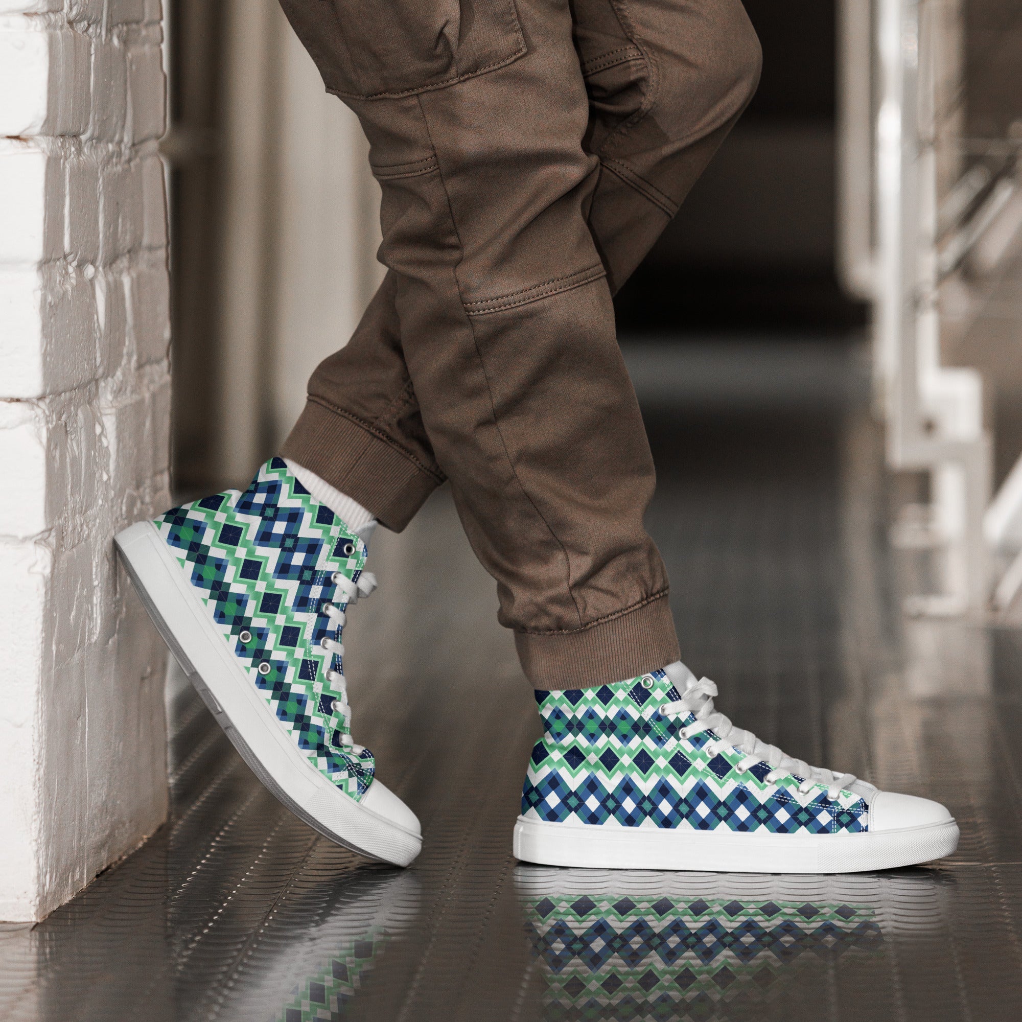 Blue Green Argyle men’s high top canvas shoes - Caster Coast