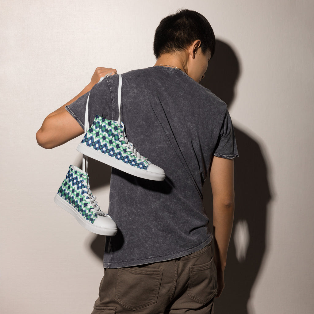 Blue Green Argyle men’s high top canvas shoes - Caster Coast