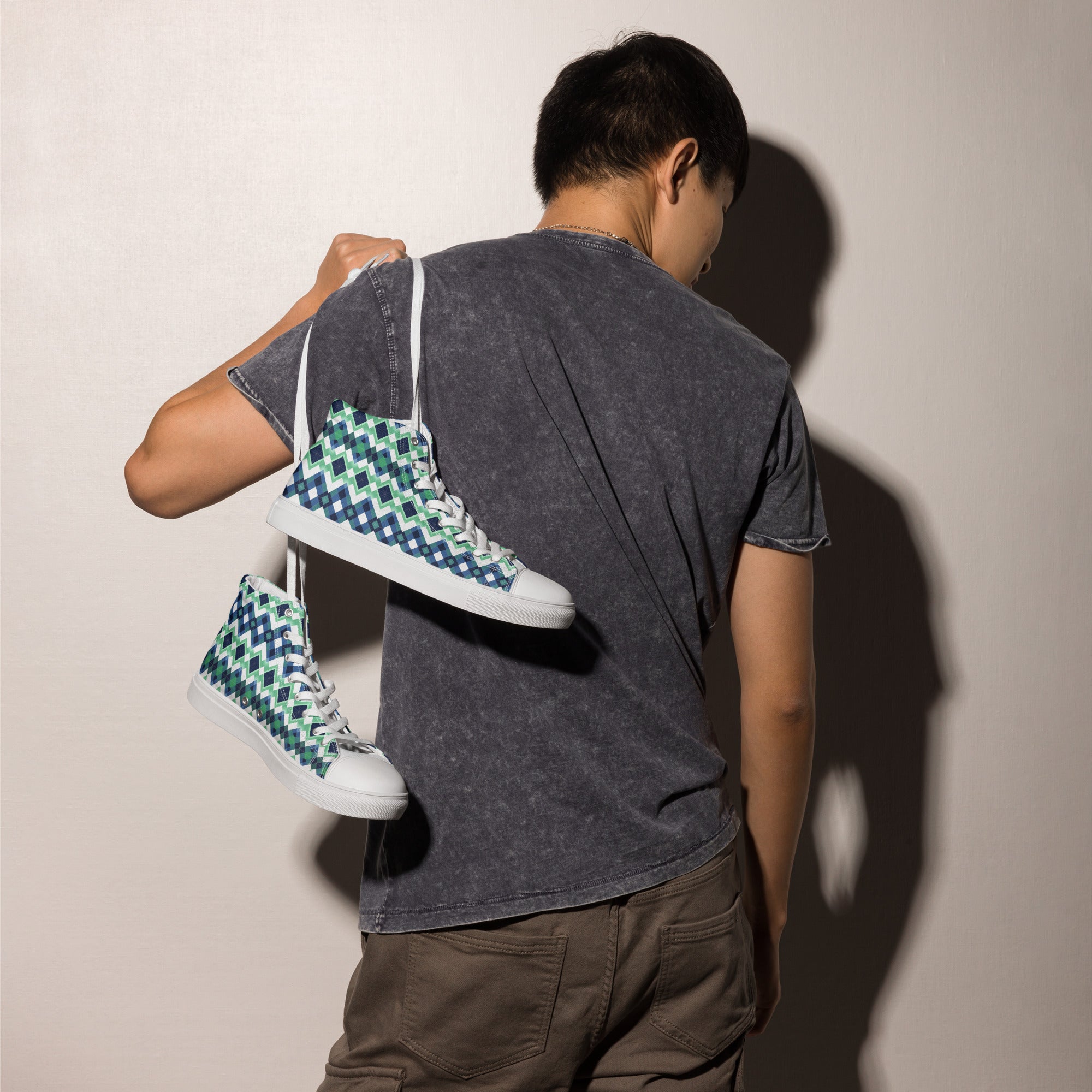 Blue Green Argyle men’s high top canvas shoes - Caster Coast