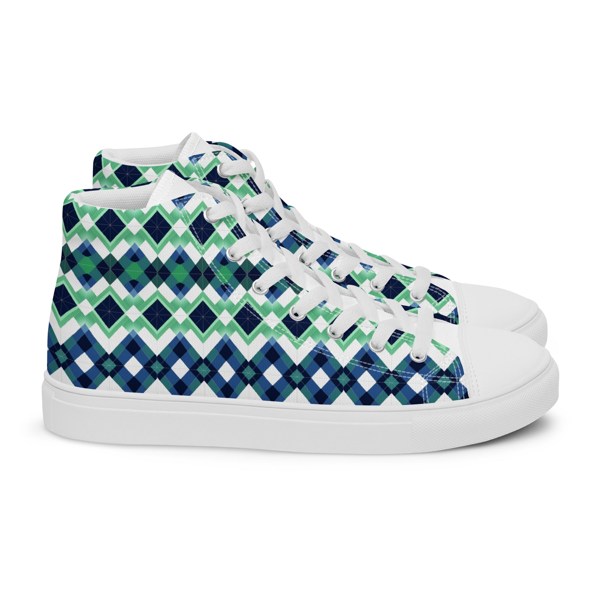 Blue Green Argyle men’s high top canvas shoes - Caster Coast