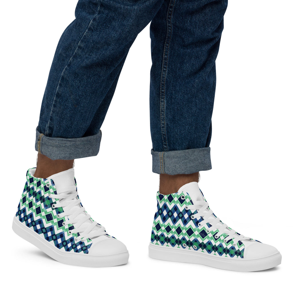 Blue Green Argyle men’s high top canvas shoes - Caster Coast